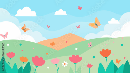 Green grass fields with spring and summer flowers under a clear sky, illustrating a vibrant natural landscape