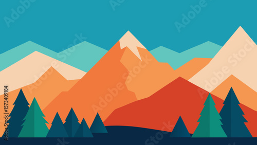Vector illustration of a mountain landscape with a fiery sunset over the desert, featuring pyramids and silhouetted trees