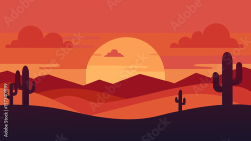 Desert sunset with a lone camel, a vibrant orange sky over sandy mountains, a serene nature travel illustration