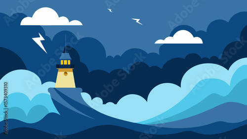 Night sky vector illustration with a castle overlooking a tranquil sea and a mountain landscape