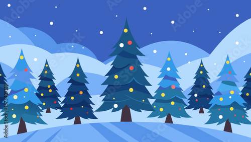 Christmas holiday winter landscape with snowy trees and frosty blue snowflakes