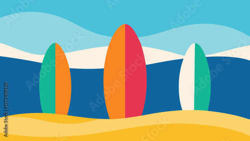 Vintage surfboards on a tropical Hawaiian beach, perfect for summer surfing vacation designs