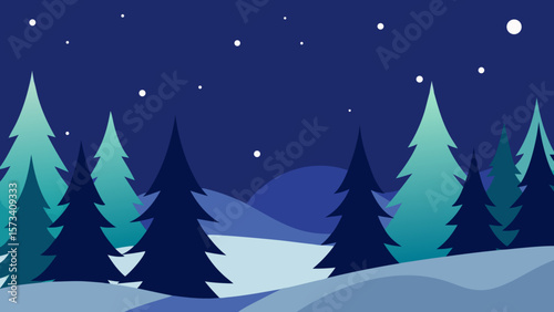 A festive winter forest landscape with snow-covered trees under a starry night sky, perfect for a Christmas holiday card