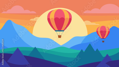 Hot air balloons fly over a mountain landscape illustration with clouds and sun