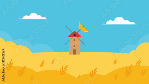 Old farm windmill in a green summer rural landscape with a blue sky and white clouds