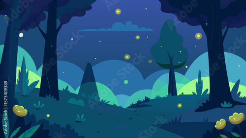 Dark blue night city landscape with a full moon and stars illuminating the sky