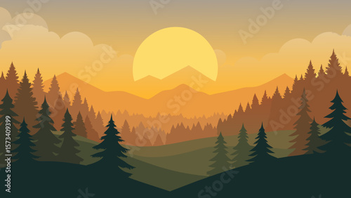 Sunset and sunrise over a beautiful mountain landscape with fog, forest, and snow-capped peaks