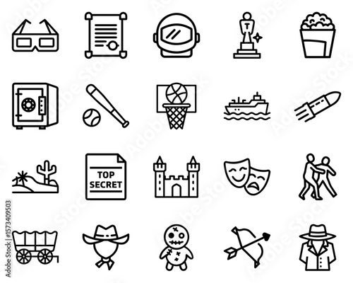 Vector icon set representing various movie genres in black silhouettes