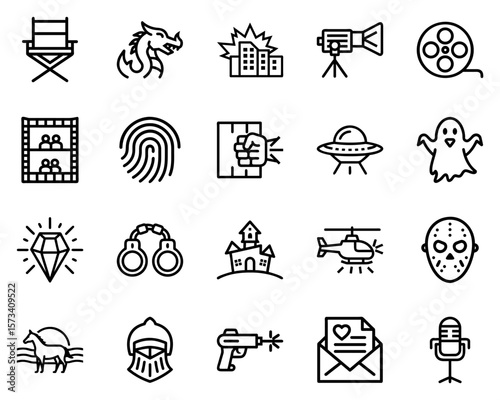 A collection of movie genre symbols in black silhouette style