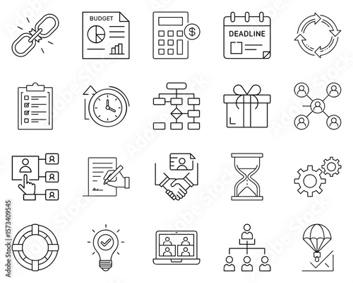 Project Management Icon Set Featuring Black Silhouettes for Planning