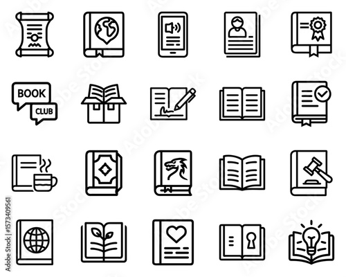 Vector icons of reading materials with various book and text symbols