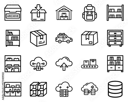 Storage solutions vector icon set featuring boxes, shelves, and vehicles