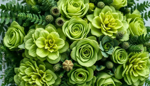 Fototapeta Naklejka Na Ścianę i Meble -  Beautiful arrangement of lush green roses and foliage with unique textured buds