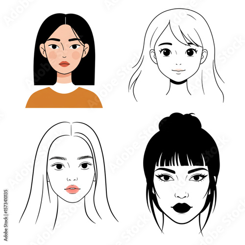 Four distinct face designs show diverse hairstyles and ethnicities for multicultural themed fashion, beauty, or avatar graphics.