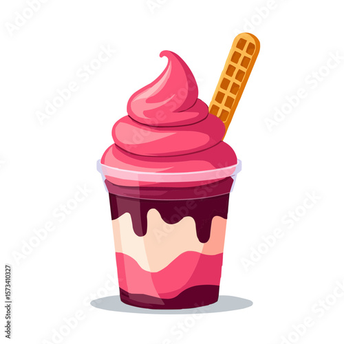 Delicious soft serve ice cream in a cup with pink and purple layers and a waffle stick