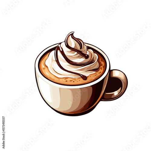 Delicious coffee cup topped with whipped cream and chocolate drizzle