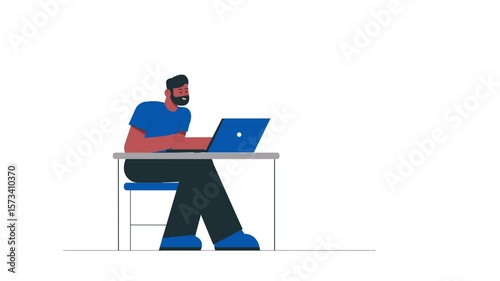Man Sitting at Desk Working on Laptop, 2D Illustration Animation for Office Work, Productivity, and Remote Work Concept