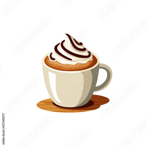 Stylish coffee cup with whipped cream and chocolate swirls on a wooden table