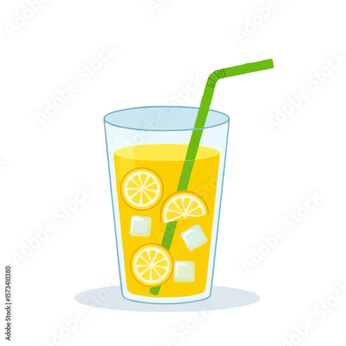 Fresh lemonade drink with ice and lemon slices in a clear glass with a green straw