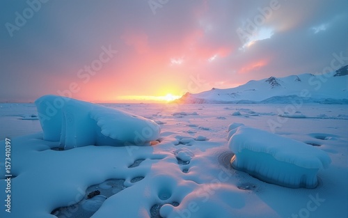Frozen arctic landscape ice field sunset winter ocean environment cold background. High quality