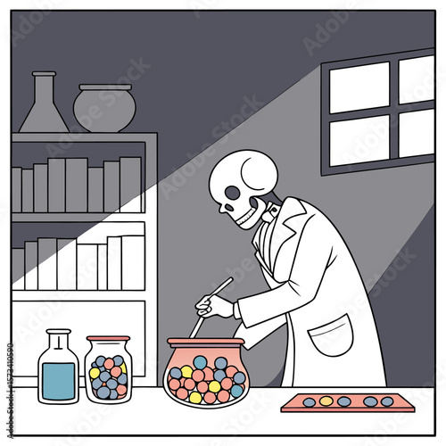 A cartoon skeleton scientist wearing a lab coat stirs a jar filled with colorful marbles in a dimly lit laboratory with shelves of books and scientific equipment