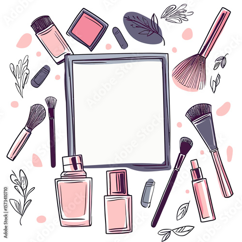 Hand drawn makeup cosmetic elements with powder brushes, foundation bottles, lipstick, blush compact, spray bottle and leaves frame background vector illustration