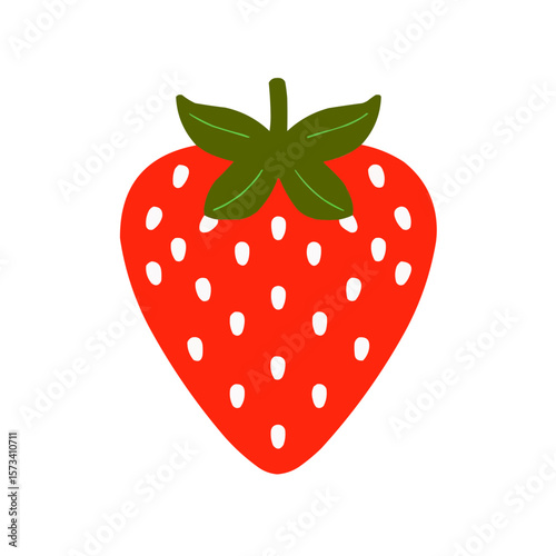 Fresh and vibrant red strawberry illustration with green leaves on a white background