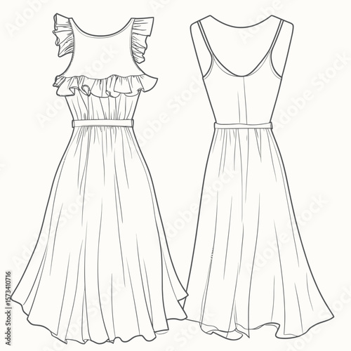 Detailed vector technical flat drawing of sleeveless dress with ruffle trim and flared skirt front and back views fashion design illustration