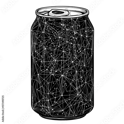 Low poly style black soda can vector illustration with polygonal lines and dots on white background digital design for drinks packaging and branding concepts