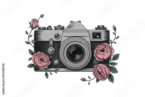Floral Camera SVG, photography svg, camera with flowers svg – Hand-Drawn Vintage Camera with Botanical Flowers, Elegant Vector Clipart for Memory Keeping, Scrapbooking, Wedding Design