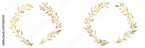 Two elegant gold floral leaf wreath frames with delicate hand drawn minimalist round borders for wedding and design decoration