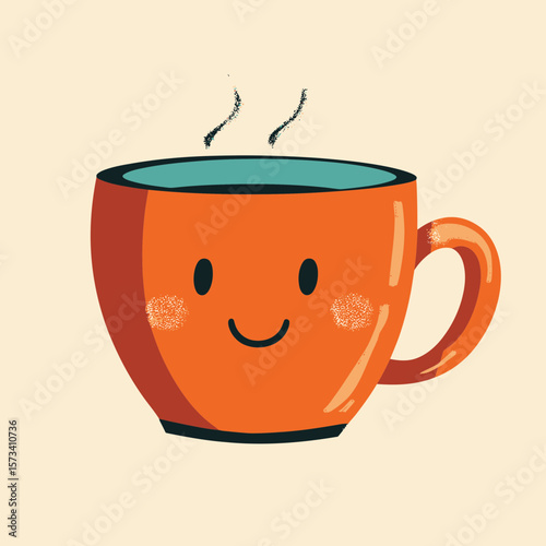 Cute orange coffee cup with a smiling face, steam rising from hot beverage, minimalist flat vector illustration with retro style and cheerful expression