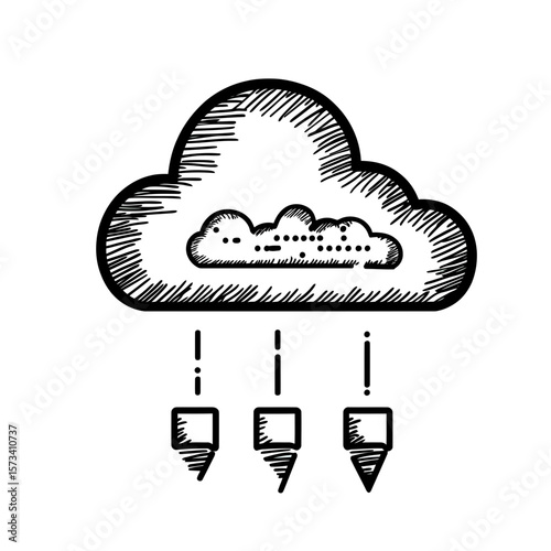 Hand drawn sketch style cloud computing data server with three download arrows representing internet digital storage and information transfer concept vector illustration