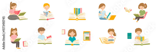 Children reading books study open books library learning education knowledge bookshelves illustrated flat vector icons collection