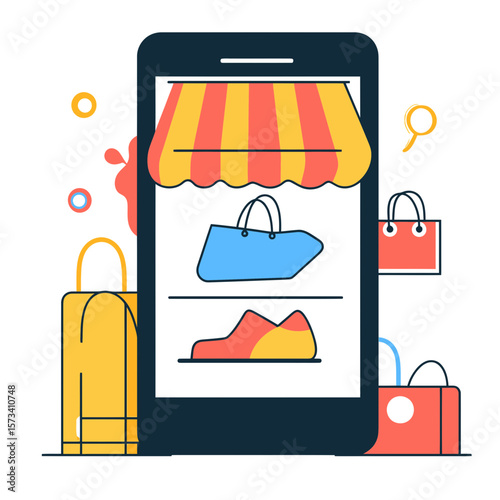 Online shopping concept with smartphone storefront displaying shoes and bags, colorful shopping bags and ecommerce elements in flat minimalist style vector illustration