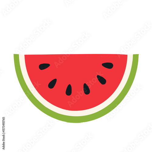 Colorful watermelon slice illustration with red flesh and black seeds on a white background