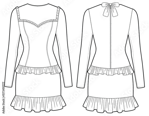 Long sleeve mini dress technical flat sketch, ruffle hem and waist detail, sweetheart neckline, back bow tie, front back view