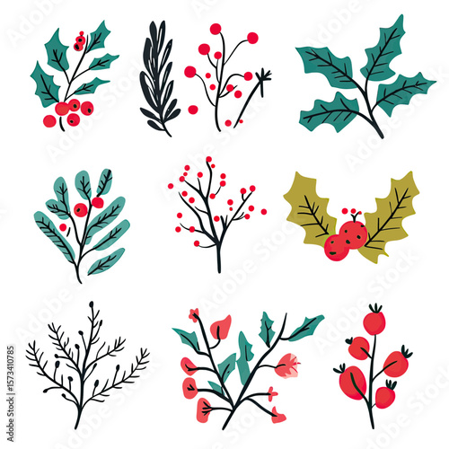 Set of nine colorful hand drawn Christmas botanical elements with holly leaves, berries, and winter branches in flat minimalist vector style on white background