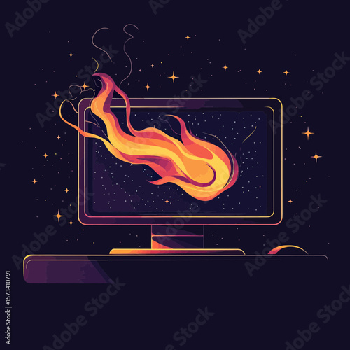 Abstract computer monitor with fiery comet or flame bursting from screen against dark starry sky background digital technology concept vector illustration