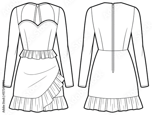 Long sleeve sweetheart neckline mini dress with waist ruffle peplum wrap skirt and back zip fashion flat technical sketch