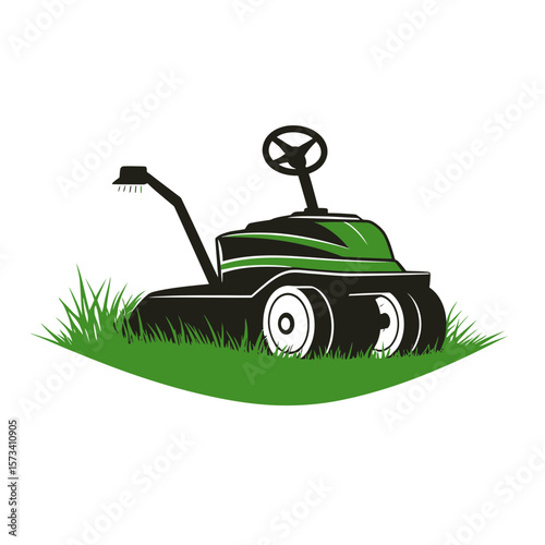 Zero turn lawn mower with integrated sprayer cutting green grass minimalist vector logo for lawn care and landscaping services design