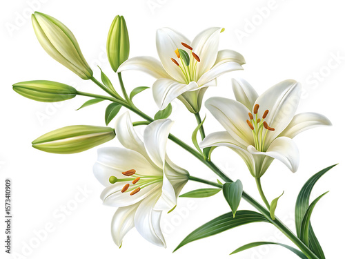 Elegant white lily flowers with buds and green leaves on transparent background