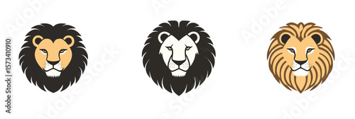 Minimalist lion face vector icons set with black manes and geometric flat design in various colors and stylized facial features for wildlife illustration