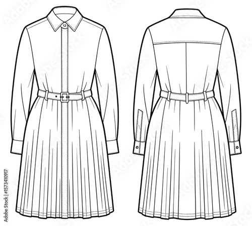 Fashion technical sketch of women’s long sleeve shirt dress with belt and pleated skirt, detailed front and back view drawing