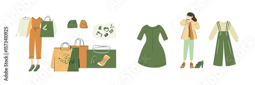 Flat minimalist vector illustration of sustainable fashion concept with eco friendly clothing, reusable bags, second hand shoes, and conscious shopper