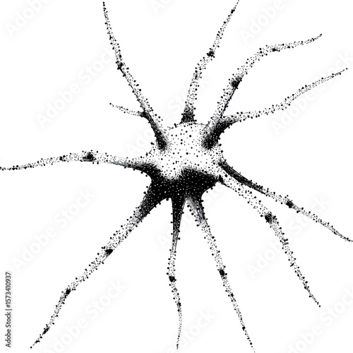 Black and white vector illustration of neuron cell with dendrites and axon in dot work and low poly style on white background for medical science concept design