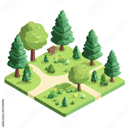Isometric park scene with walking paths, various evergreen and deciduous trees, bench, grass patches, and small flowering plants in flat vector style