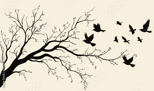Silhouette of bare tree branch with birds flying away in minimalist nature vector illustration in black and beige tones for peaceful concept design