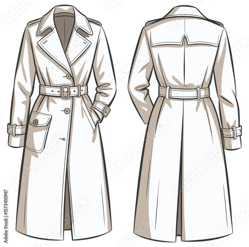 Fashion technical sketch of women’s belted trench coat with pockets, classic collar, cuff straps, front and back detailed view