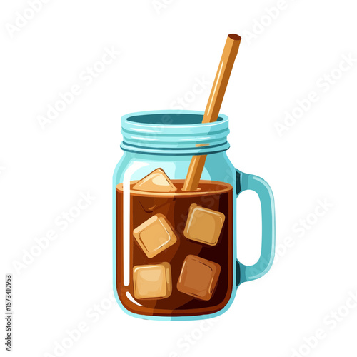 Iced coffee in a mason jar with ice cubes and a straw for refreshing summer drinks